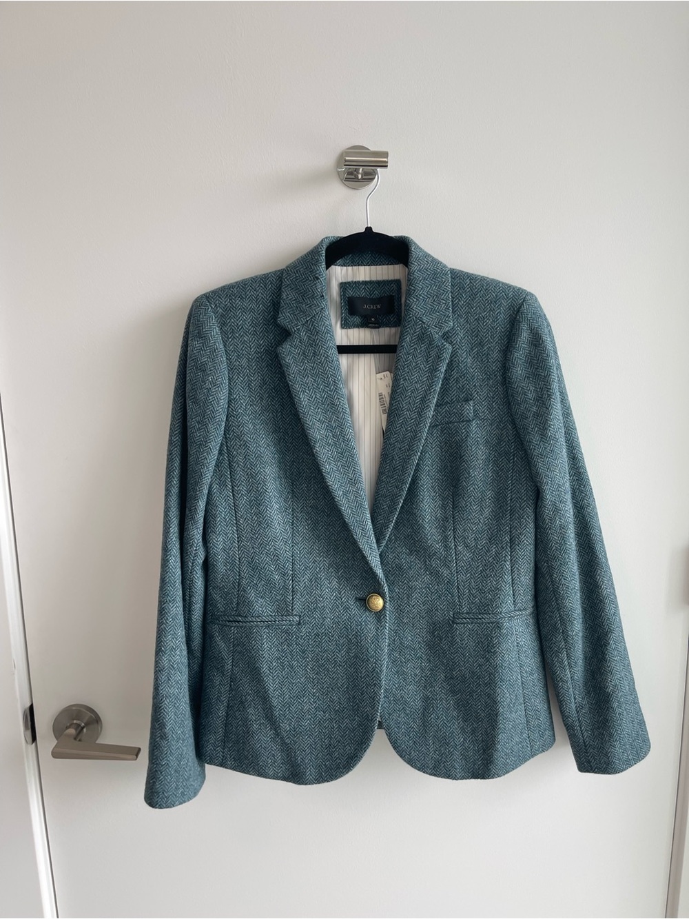 J Crew Teal Herringbone Wool-Blend Single-Button Blazer